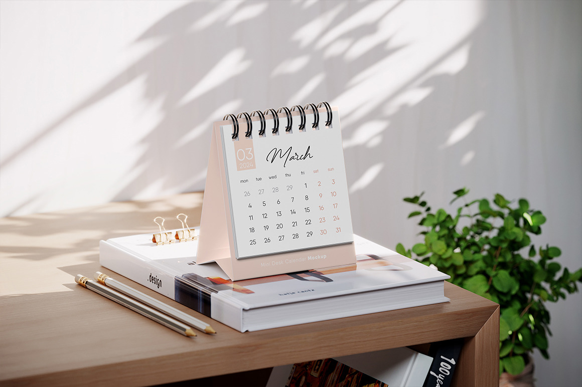 Mini Spiral Desk Calendar Mockup on Yellow Images Creative Store