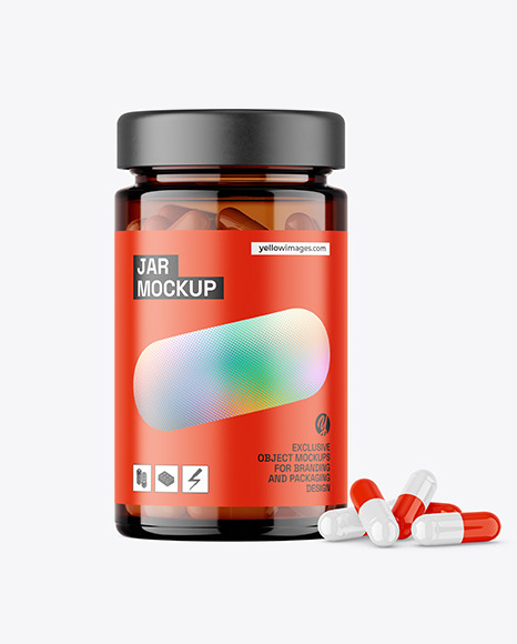 Amber Glass Jar with Capsules Mockup