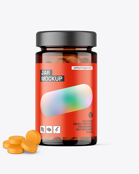 Amber Glass Jar with Tablets Mockup