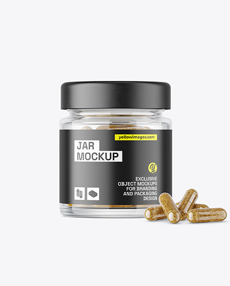 Clear Glass Jar with Herbal Capsules Mockup