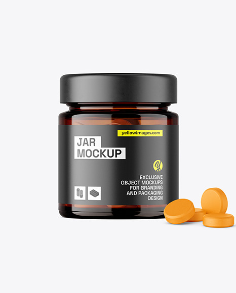 Amber Glass Jar with Tablets Mockup