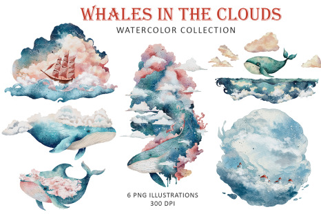 Whales in the Clouds watercolor