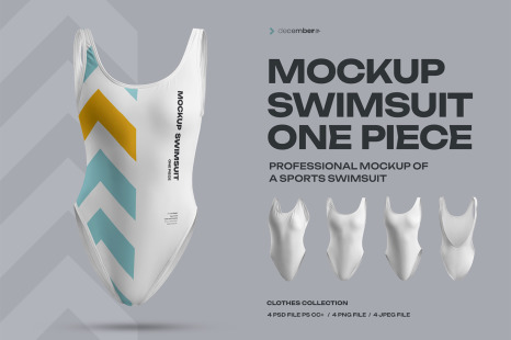 4 Mockups of a One Piece Sports Women's Swimsuit. 3D Style