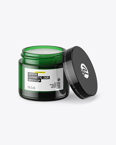 Opened Dark Green Glass Cosmetic Jar Mockup