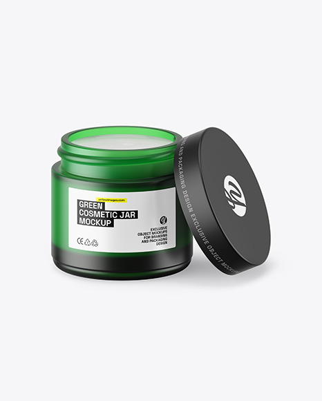 Opened Green Frosted Glass Cosmetic Jar Mockup