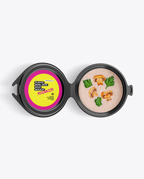 Plastic Bowl with Mushroom Soup Mockup