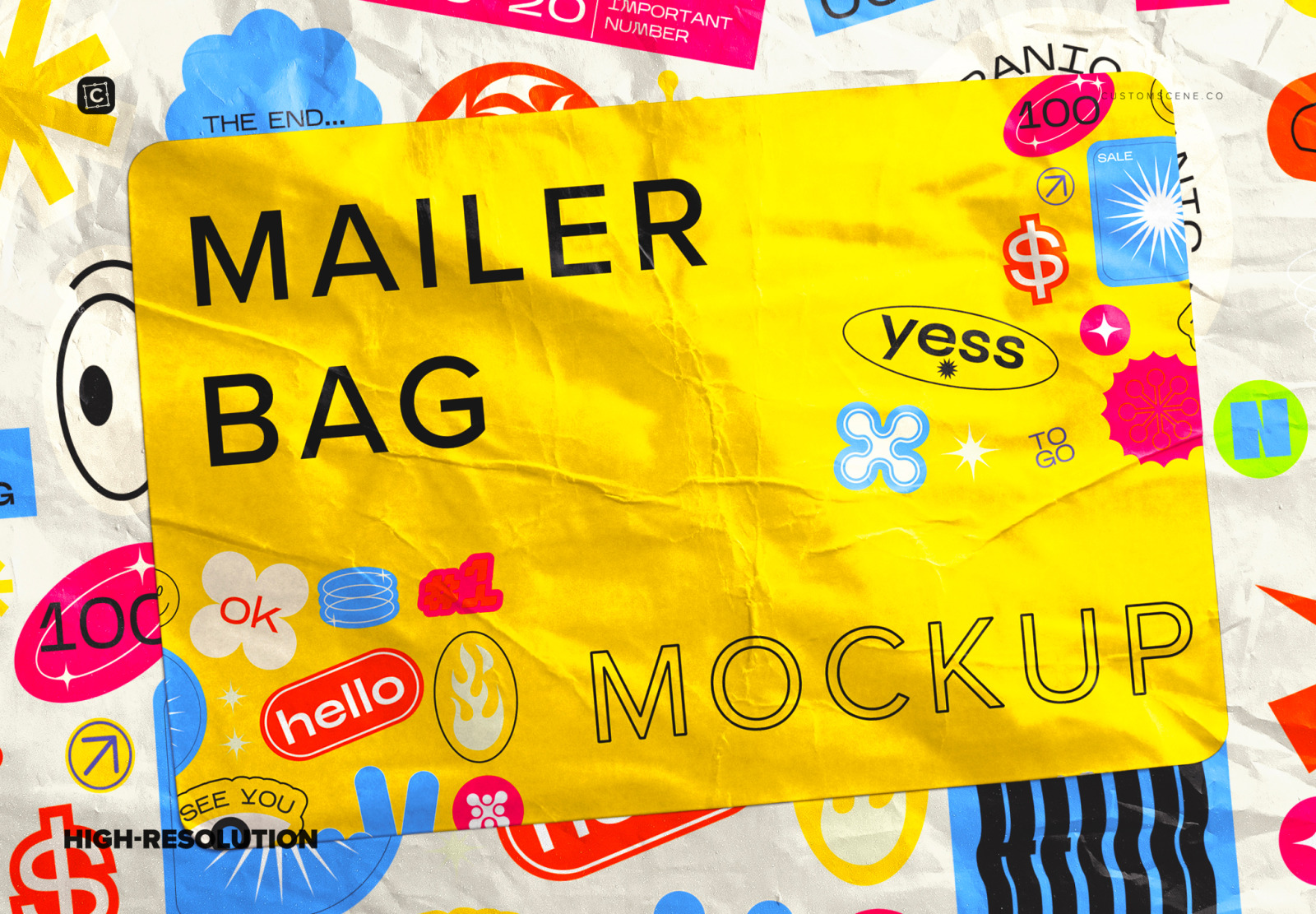 Mailer Bag Mockup with Sticker on Yellow Images Creative Store