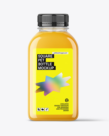 Square PET Bottle with Orange Juice Mockup