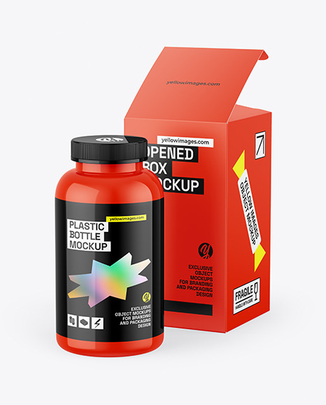 Glossy Plastic Bottle &amp; Box Mockup
