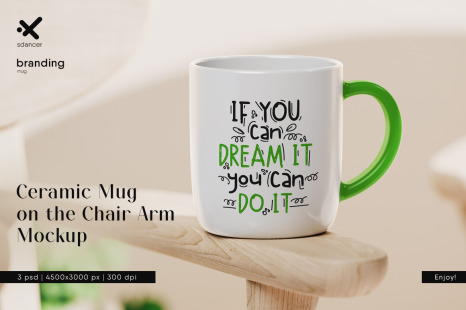 Ceramic Mug on the Chair Arm Mockup