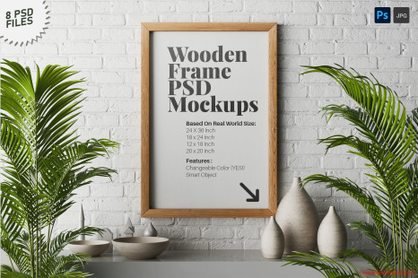 Wooden Frame Poster Mockup Set with 4 Size Variant