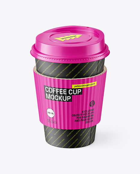 Coffee Cup w/ Plastic Cap &amp; Carton Sleeve Mockup