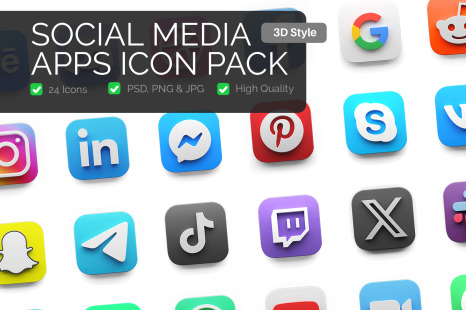 Social Media App 3D Icon Pack - 24 Icons