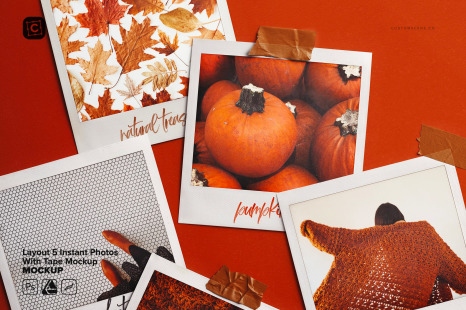 Layout 5 Instant Photos With Tape Mockup
