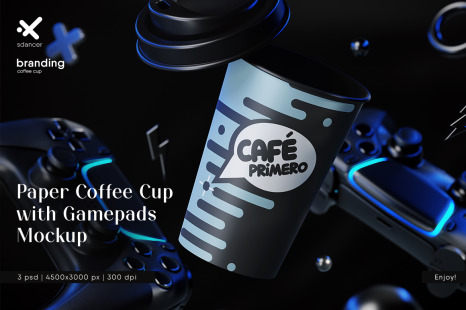 Paper Coffee Cup with Gamepads Mockup