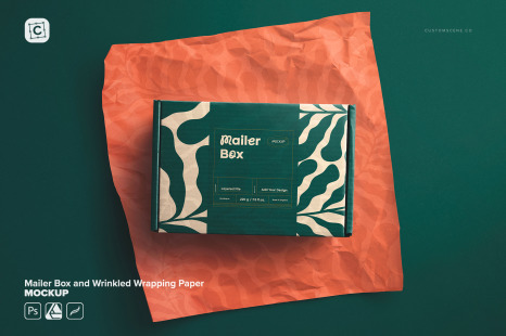 Mailer Box and Wrinkled Wrapping Paper Mockup
