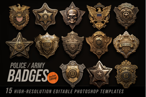 15 Police / Army / Sheriff Metal Badge PSD Templates