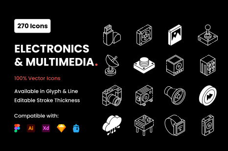 Multimedia and Appliances Glyph Isometric Icons