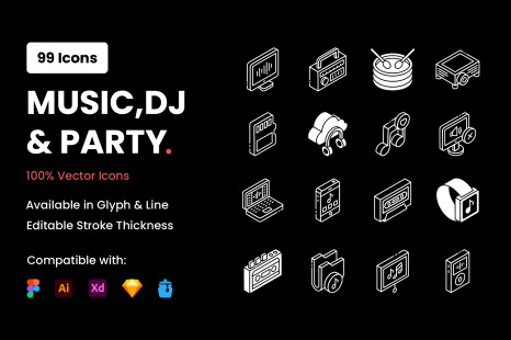 Music and Multimedia Glyph Isometric Icons