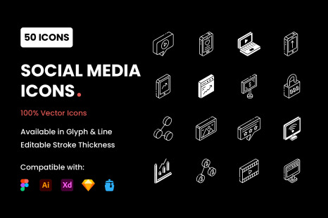 Social Media Apps Glyph Isometric Icons