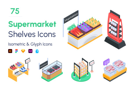 Isometric Supermarket Shelves Icons
