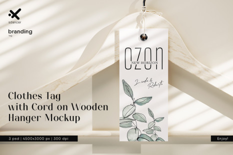 Clothes Tag with Cord on Wooden Hanger Mockup