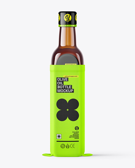 Amber Glass Olive Oil Bottle in Textile Sack Case Mockup