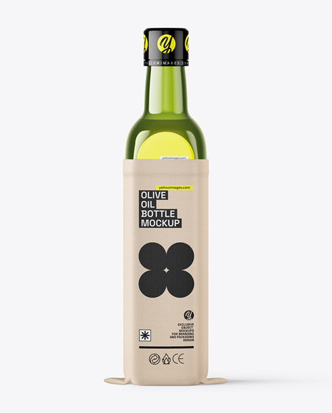 Green Glass Olive Oil Bottle in Textile Sack Case Mockup