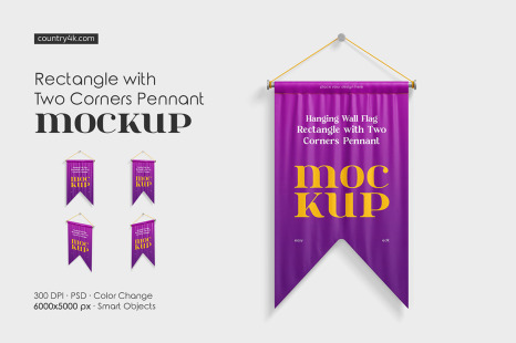 Hanging Wall Flag Rectangle with Two Corners Pennant Mockup Set