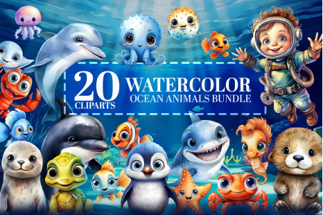 Ocean Babies Watercolor Clipart: 20 Cute Sea Animals PNG