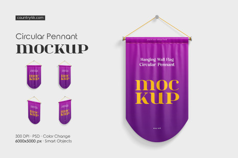 Hanging Wall Flag Circular Pennant Mockup Set