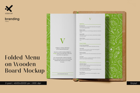 Folded Menu on Wooden Board with Elastic Band Mockup