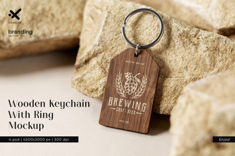 Branded Wooden Keychain With Ring Mockup