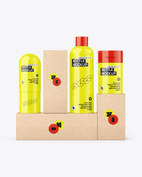 Kraft Boxes &amp; Glossy Bottles Mockup