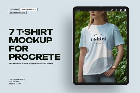 7 Mockups T-Shirt on a Girl Walking in the Green Street for Procreate