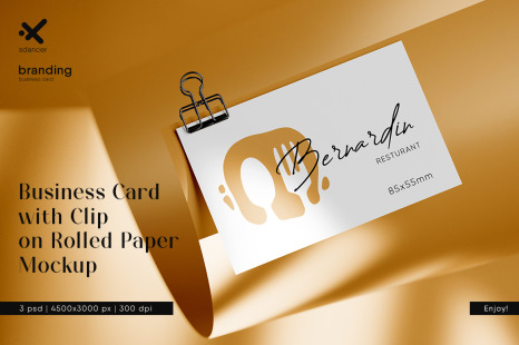 Business Card with Clip on Rolled Paper Mockup