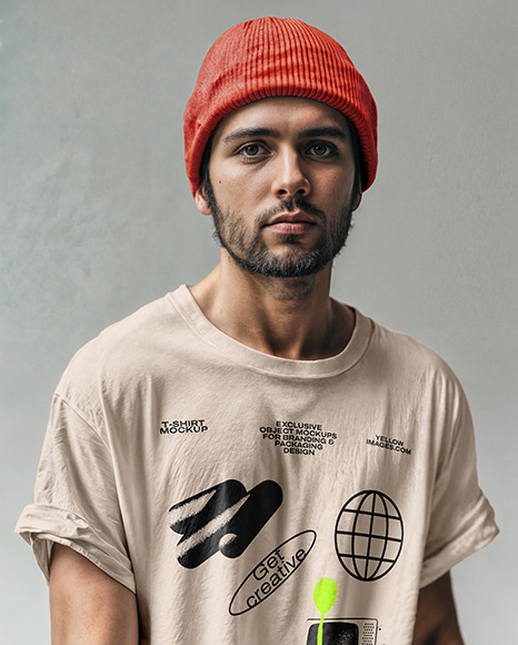 Man Wearing T-Shirt and Beanie Mockup