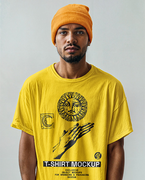 Man Wearing T-Shirt and Beanie Mockup