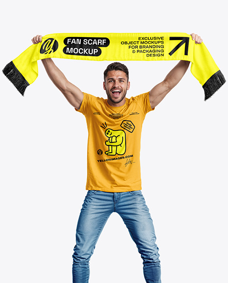 Man in a T-Shirt Holding Fan Scarf Mockup