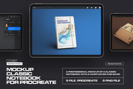 5 Mockups of Classic Notebook with Band and Hard Cover for Procreate on iPad