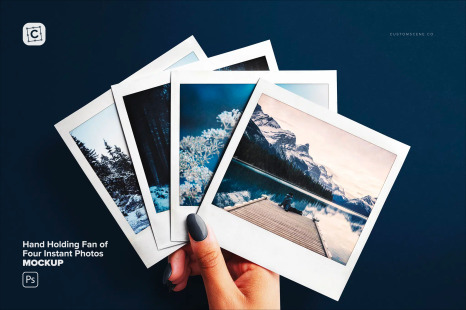 Hand Holding Fan of Four Instant Photos Mockup