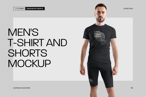 6 Men&#039;s Mockups T-Shirt and Compression Shorts