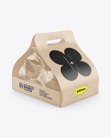 Kraft Paper Box with Handle &amp; Clear Plastic Bag Mockup