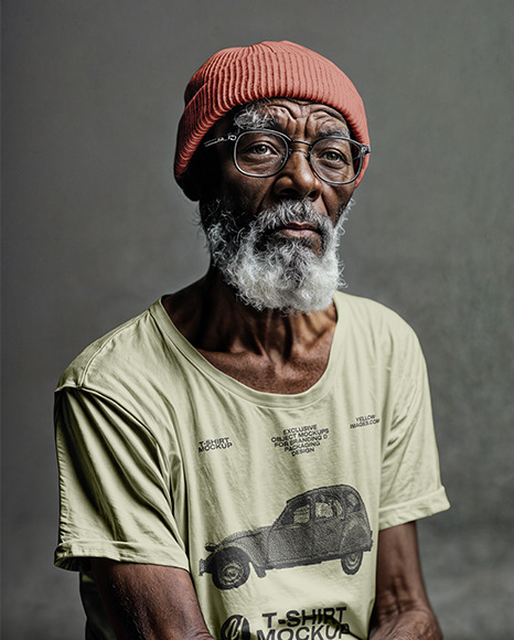 An Elderly Man Wearing T-Shirt and Beanie Mockup