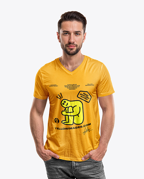 Man Wearing a V-Neck T-Shirt Mockup