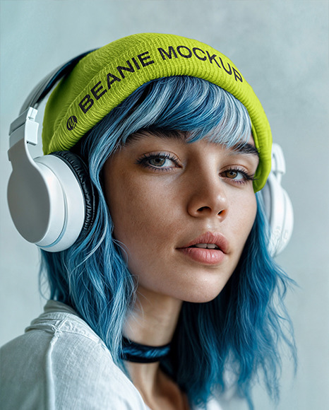 Woman Wearing a Beanie Hat and Headphones Mockup