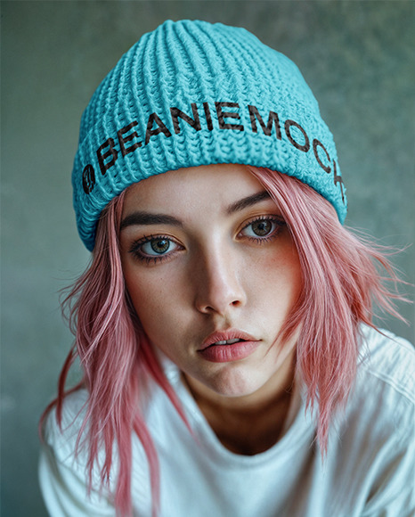Woman with Pink Hair Wearing a Beanie Hat Mockup