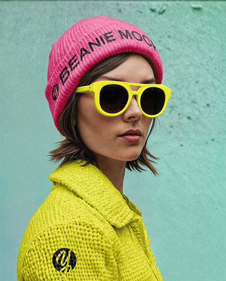 Woman Wearing Cardigan, Sunglasses & Beanie Hat Mockup