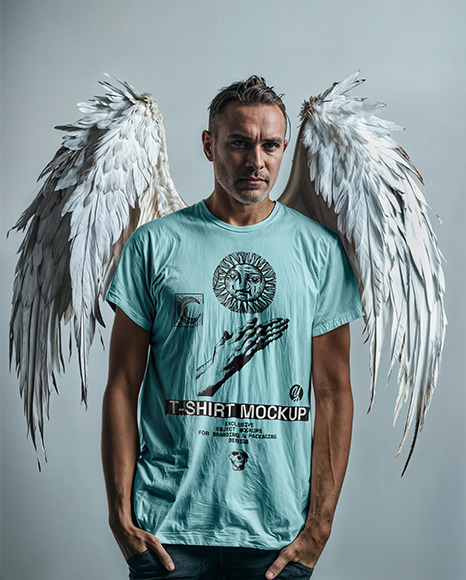 Man with Wings Wearing a T-Shirt Mockup