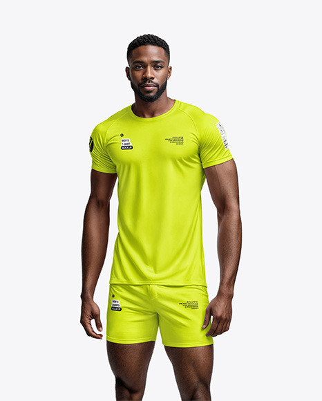 Black Man Wearing a Tight Fit T-Shirt and Shorts Mockup